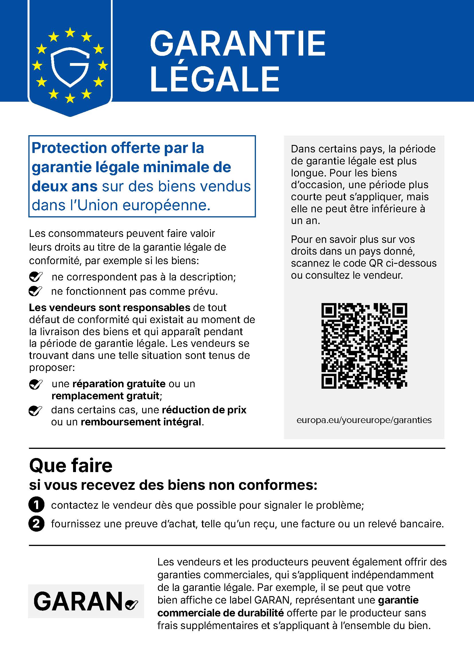Avis de l'UE sur la garantie légale : garantie légale minimale de deux ans sur les biens vendus dans l'UE